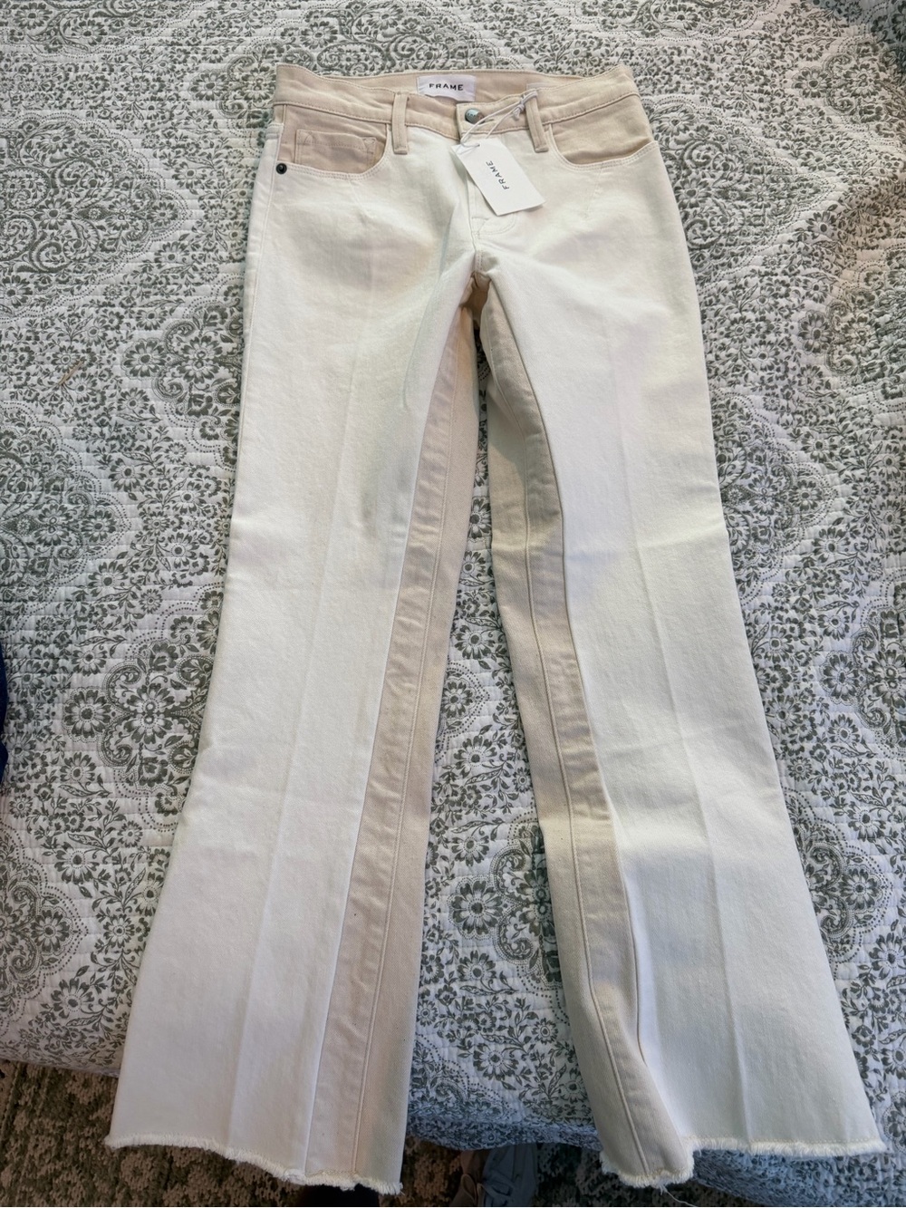 Frame Denim Two-Tone Cream and Tan Flare Jeans